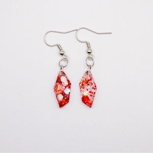 Geometrical Red and White Glitter .5” Resin Earrings with silver Hardware